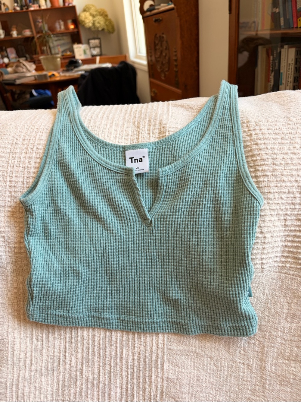 TNA waffle crop top teal